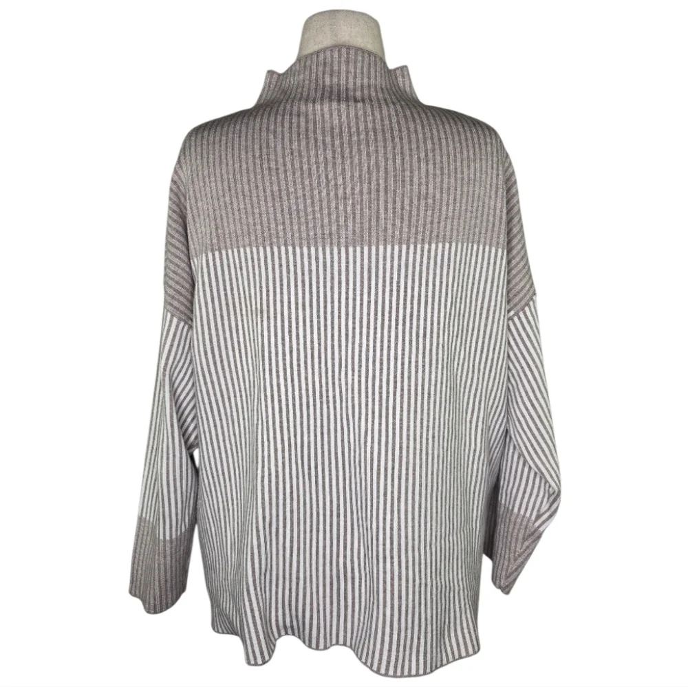 Rachel Zoe Striped Mock Neck Oversized Sweater Taupe Cream Plus Size 2X